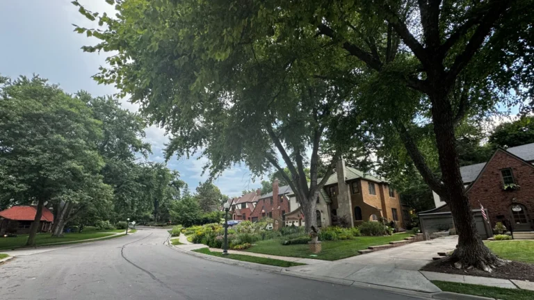 Tree-lined residential street with historic brick and stone homes in the Dundee neighborhood of Omaha, Nebraska