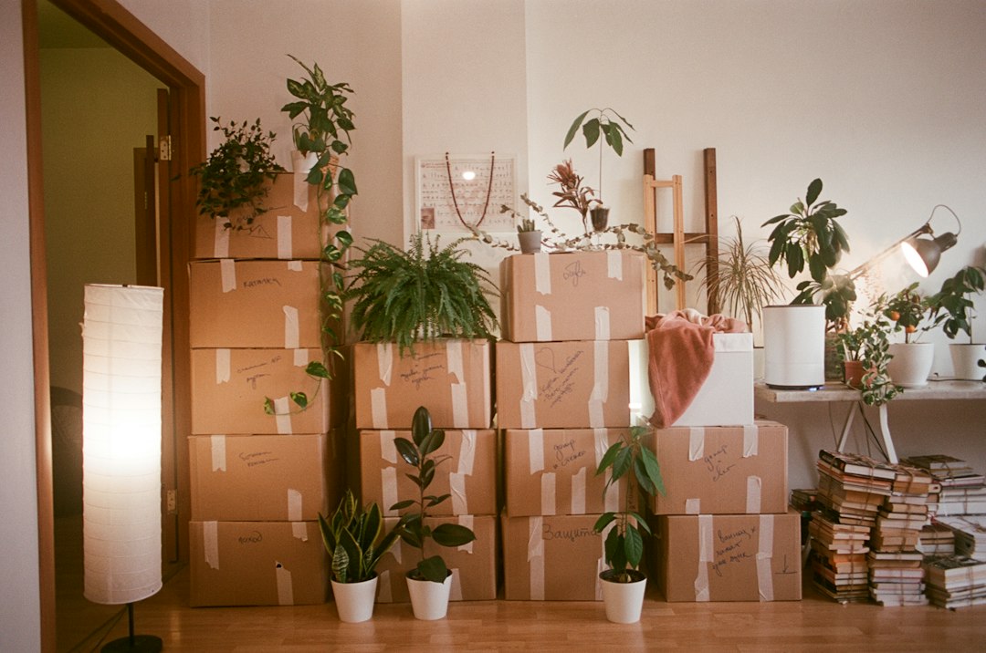 Moving boxes illustrating a home sale connected to job relocation