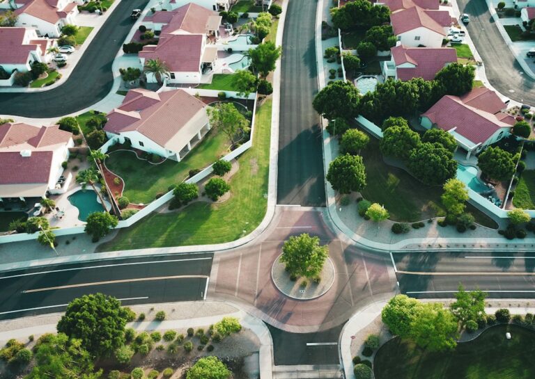 Aerial view of a residential neighborhood illustrating housing inventory and market balance
